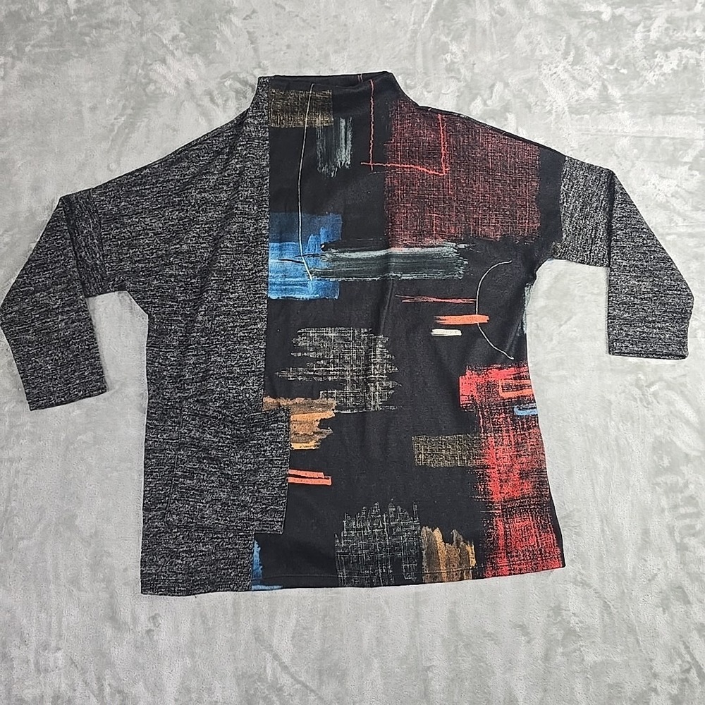 Jess & Jane Shirt Womens Abstract Knit Top 3/4 Sleeve Small Artsy Art to Wear